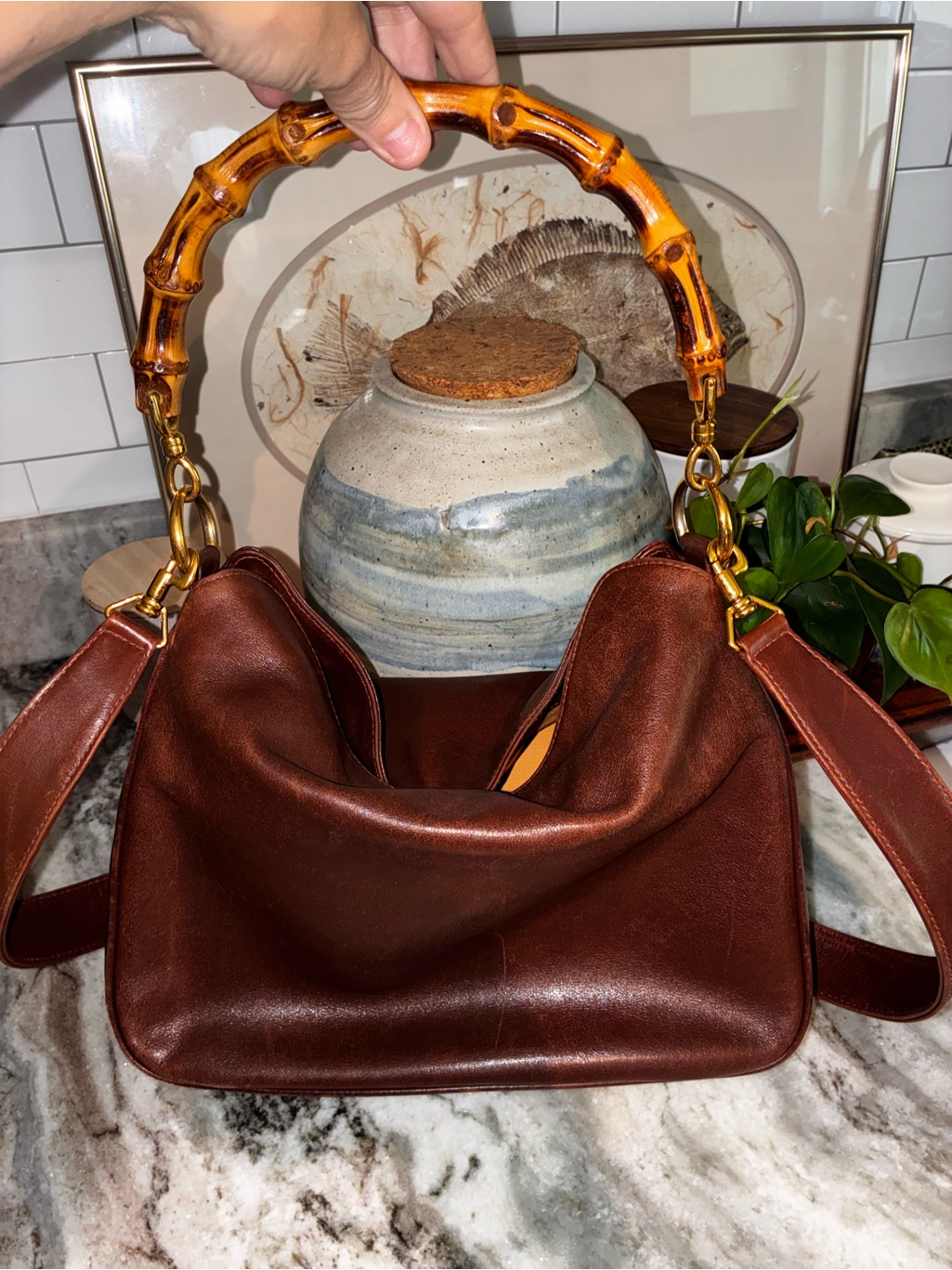 Vintage Authentic Gucci Brown Leather Bamboo-Handle Crossbody Shoulder Bag!